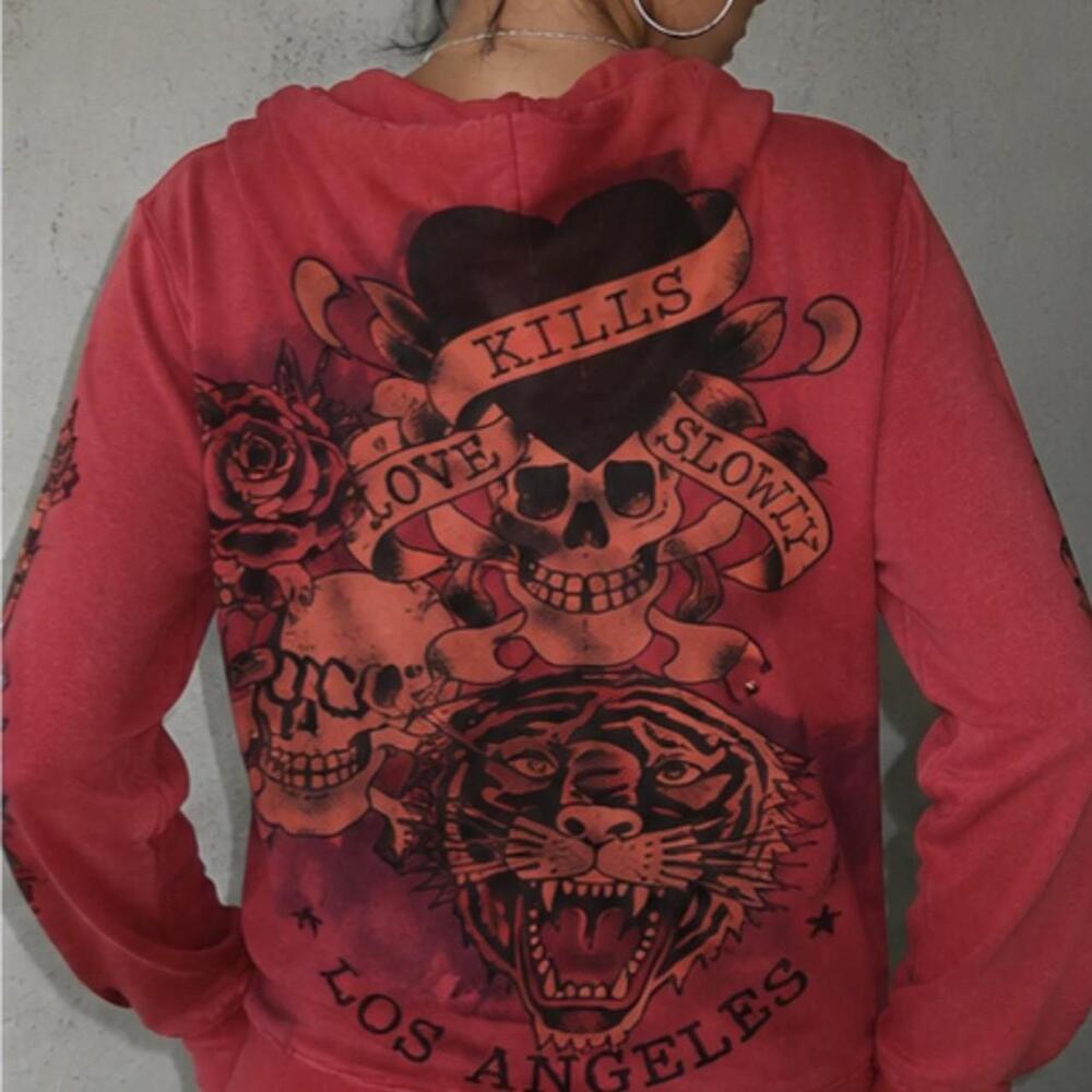 Ed Hardy Red Tattoo Graphic Zip Hoodie | Skull Flames | Y2K | L/XL